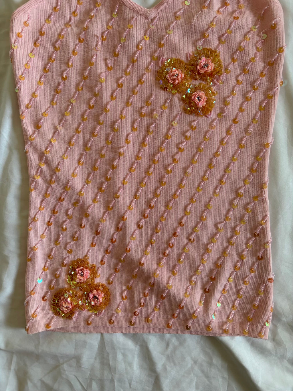 Vintage Y2K Baby Pink Knit Beaded and Sequin Cami with Triple Cross Straps