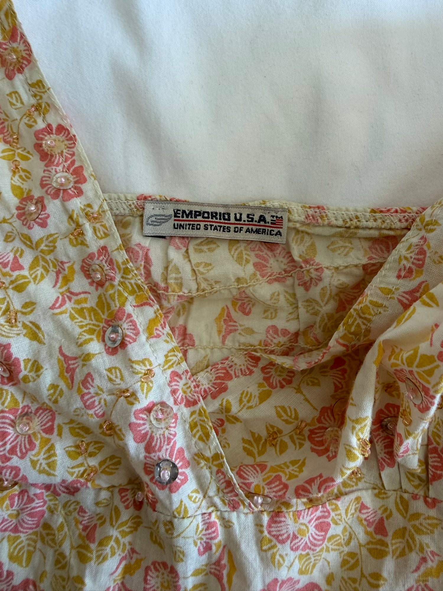 Vintage Y2K floral cotton halterneck with sequin and beads on the bust and split sides