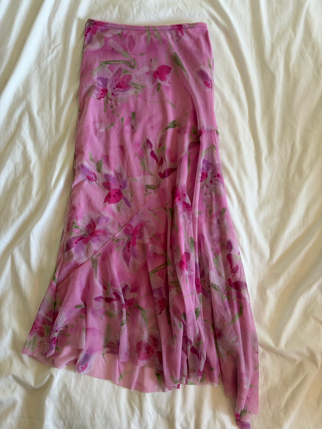 Vintage 1990s pink asymmetrical hem micromesh midi skirt