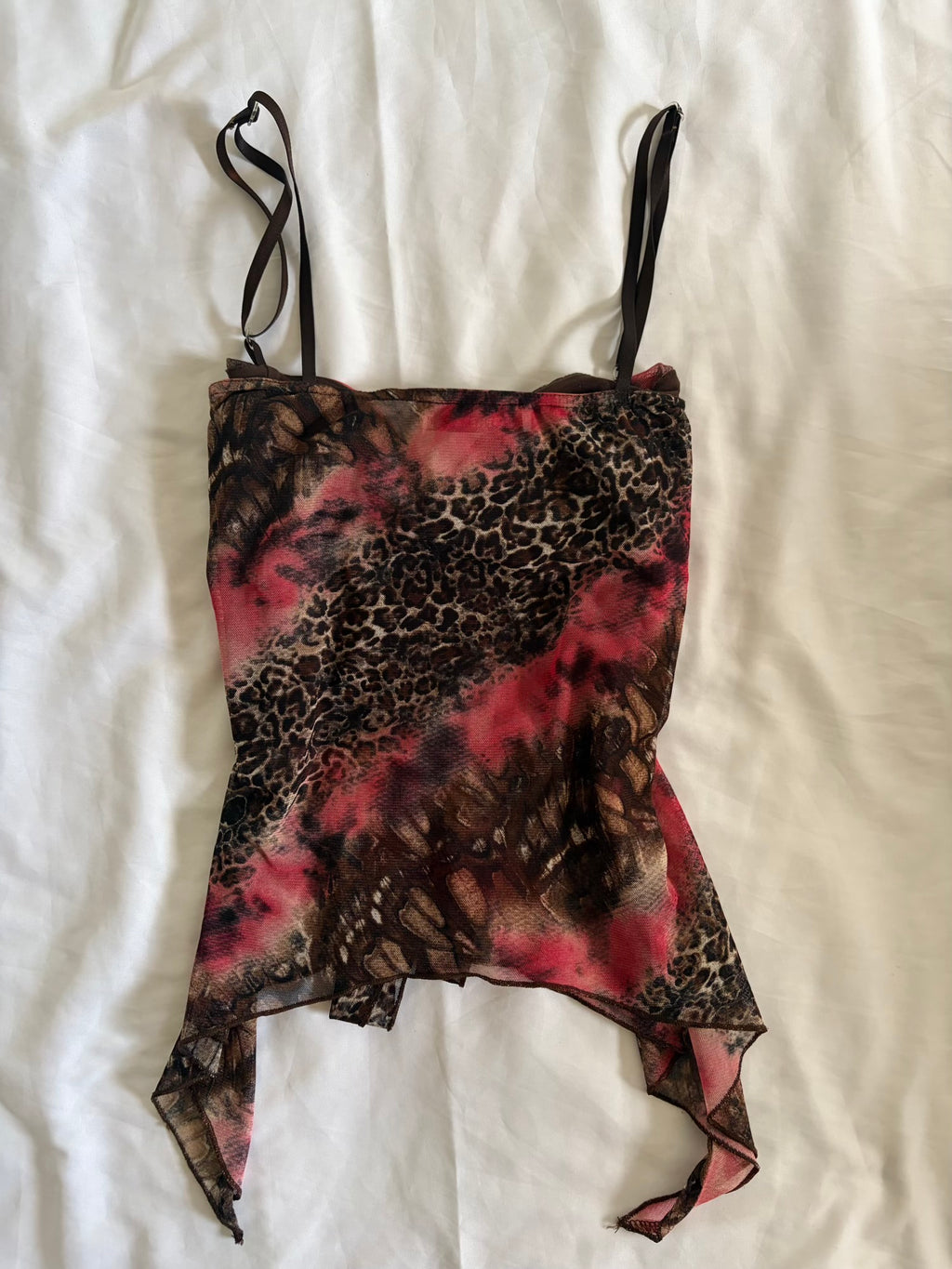 Vintage Y2K Cheetah Pink Tie Dye Handkerchief Hem Mesh Cami