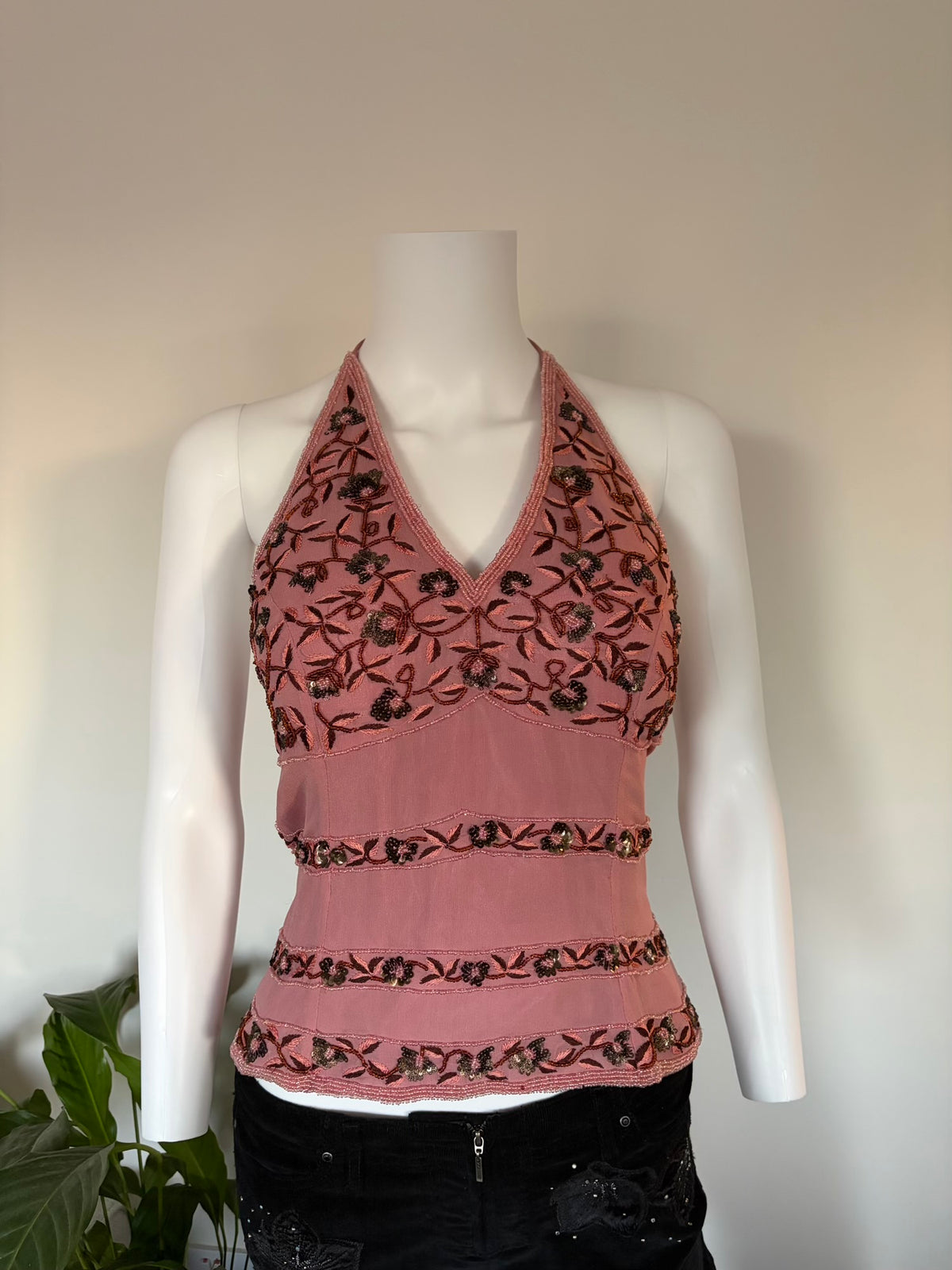 Vintage 2000s Aftershock Silk Dusty Pink Beaded Corset-Style Halter