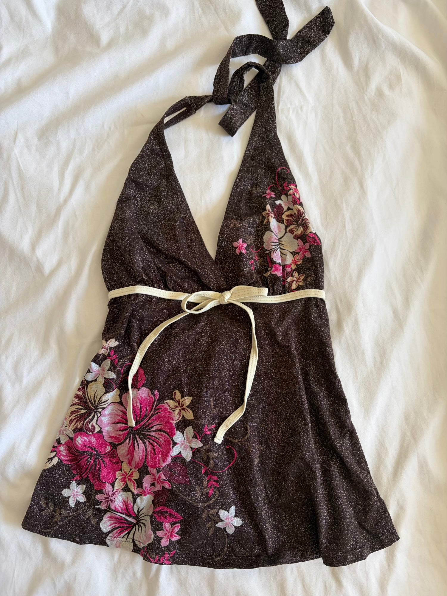 Vintage Y2K Japanese brown sparkly halterneck cami with floral graphic