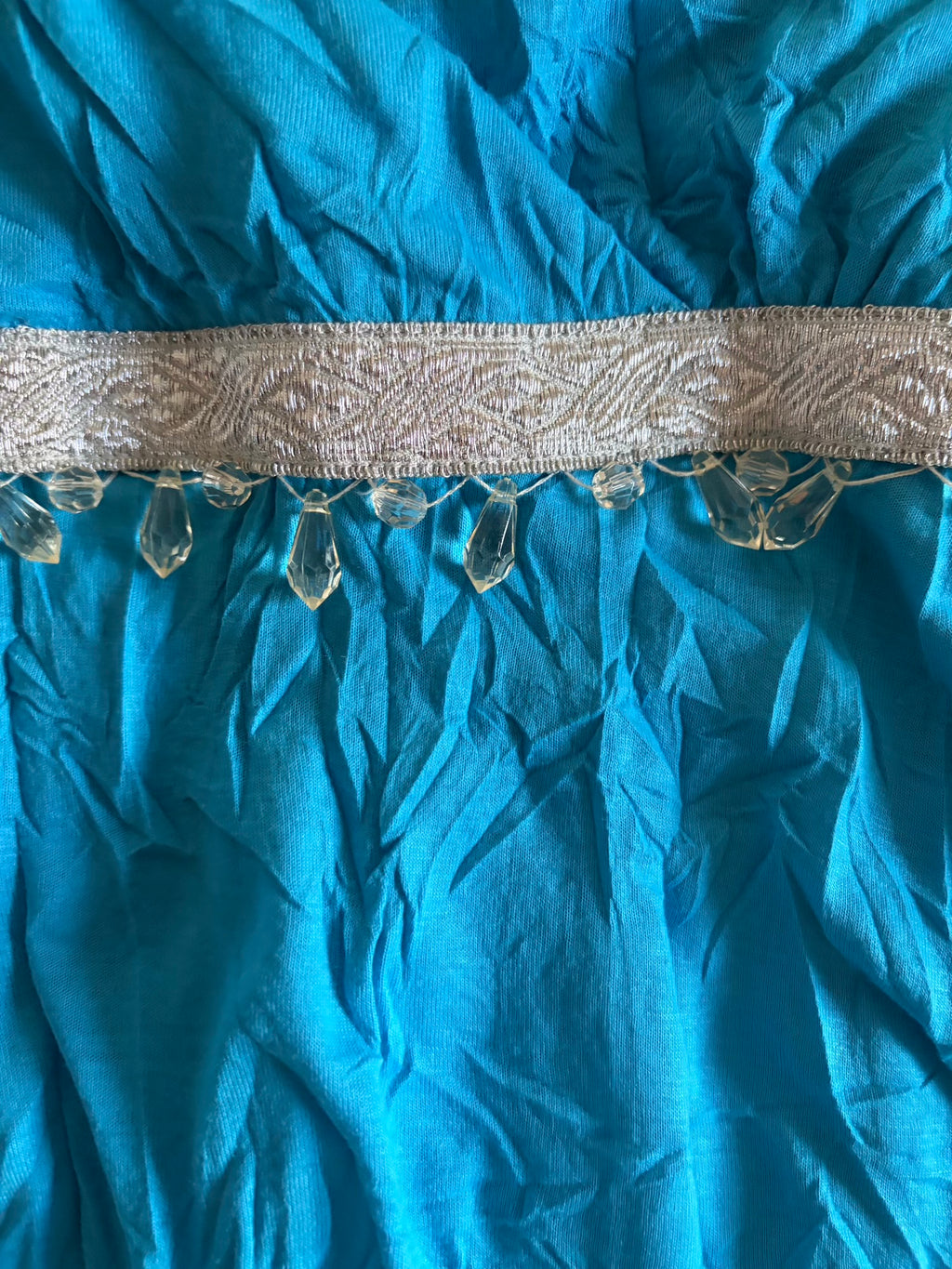 Vintage Y2K crinkle teal cami with underbust beaded detail and asymmetrical hem