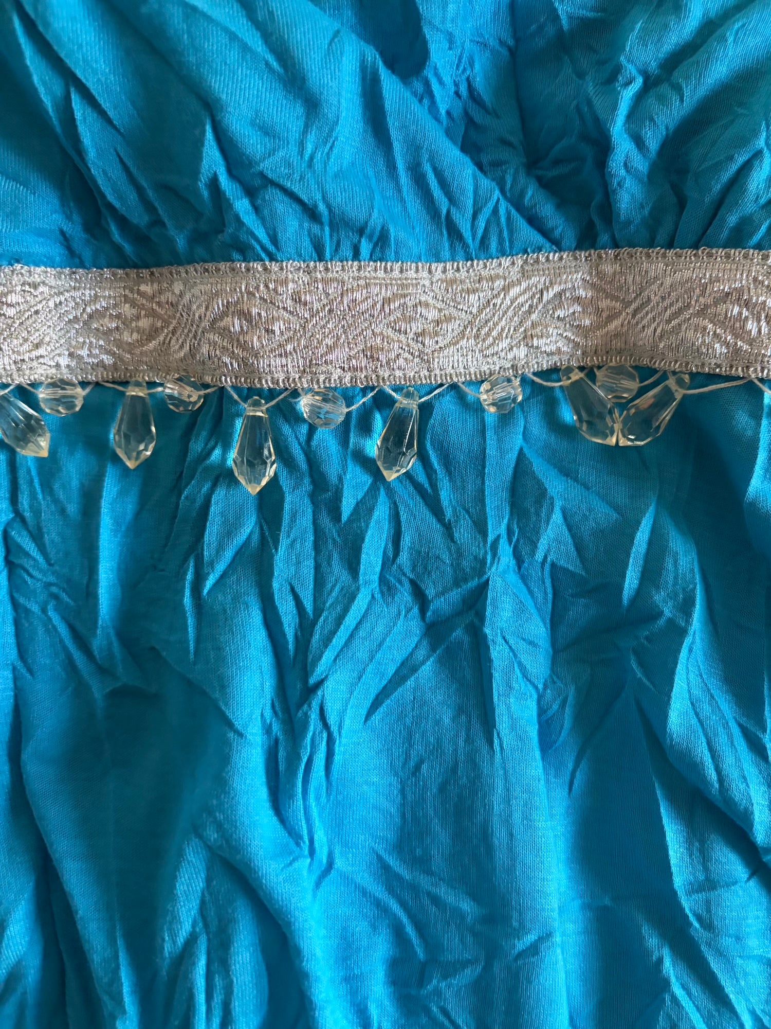 Vintage Y2K crinkle teal cami with underbust beaded detail and asymmetrical hem