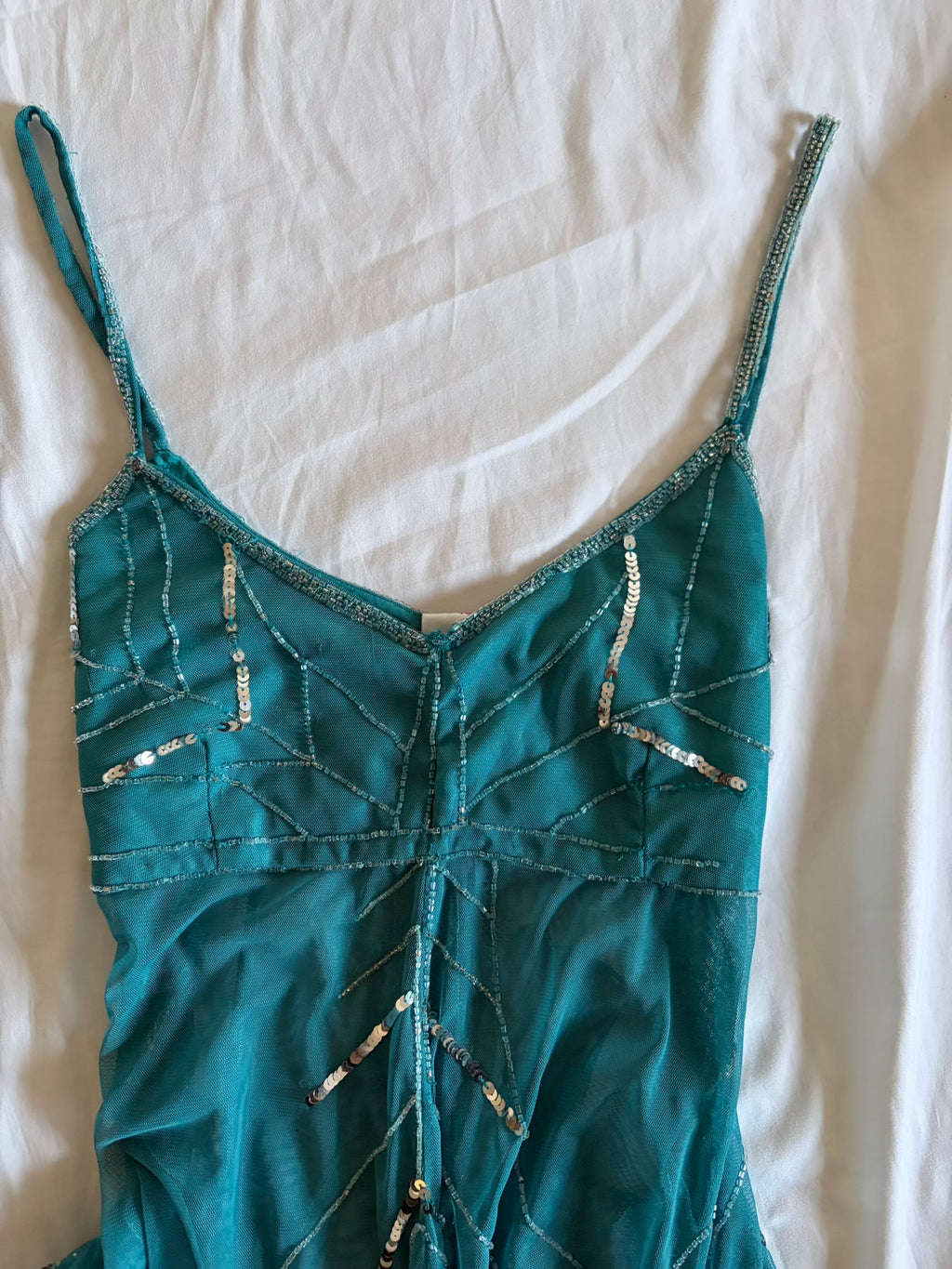 Vintage Y2K Teal Handkerchief Hem Sequin and Beaded Cami