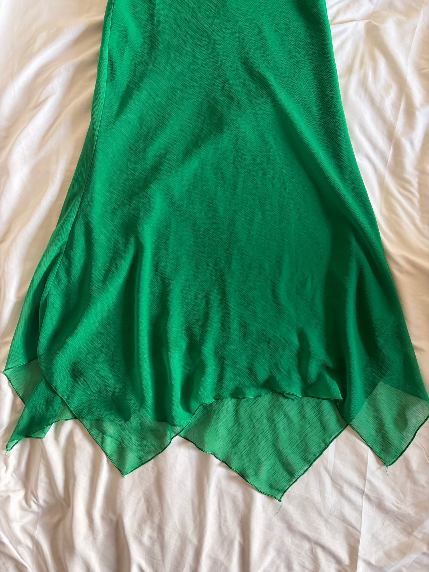 Vintage 1990s Green Handkerchief Hem Dress with Lace and Sequins