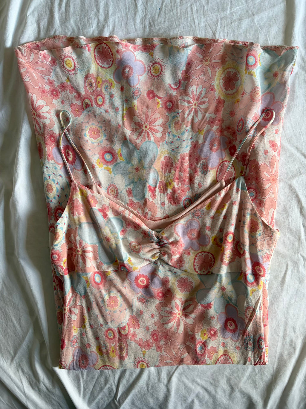 Vintage Y2K Pastel Floral Midi Dress with Ruched Bust