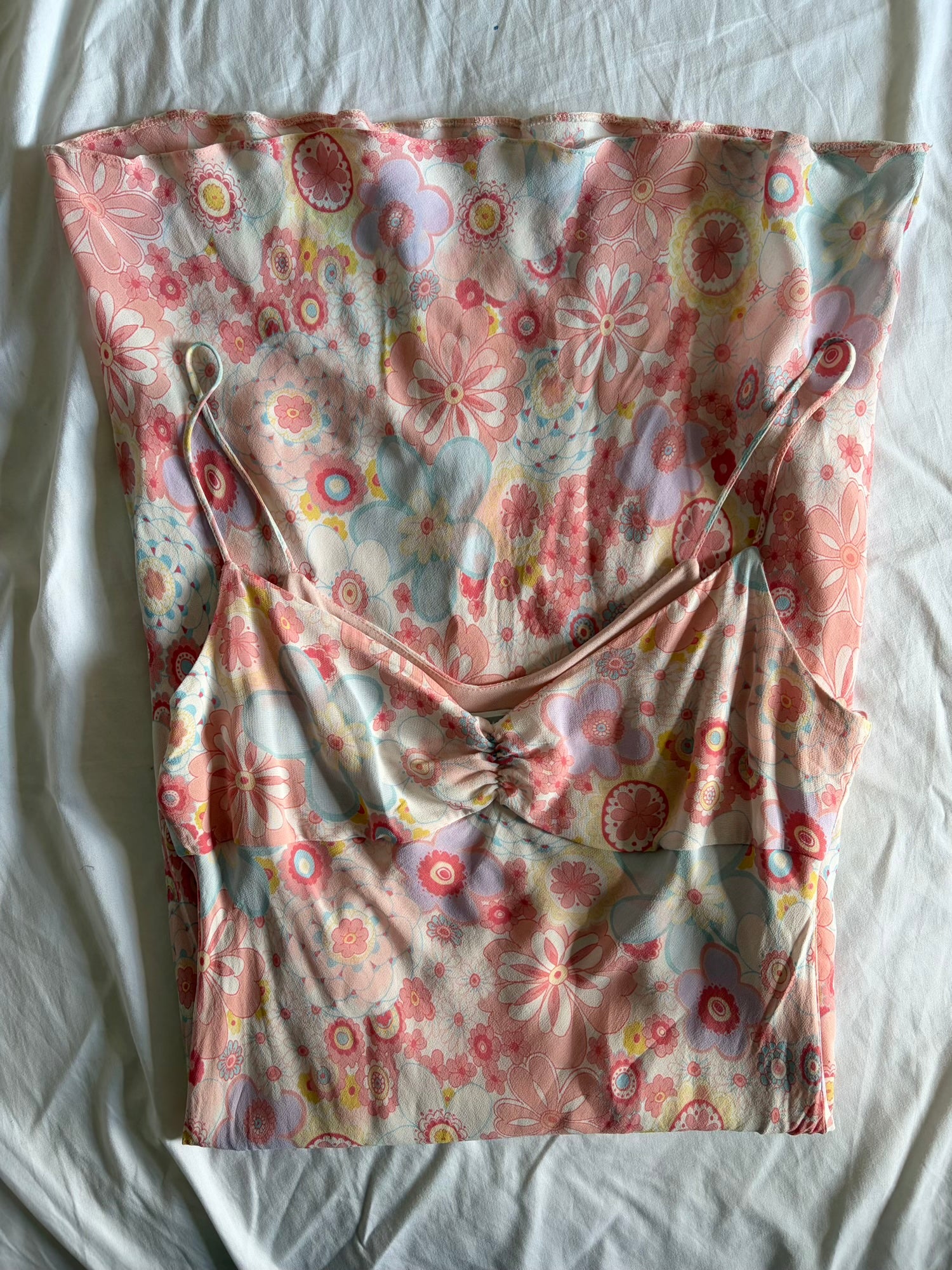 Vintage Y2K Pastel Floral Midi Dress with Ruched Bust