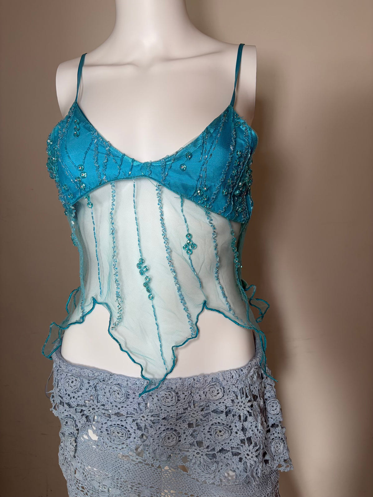 Handmade Handkerchief Hem Turquoise Cami with Beads and Sequins
