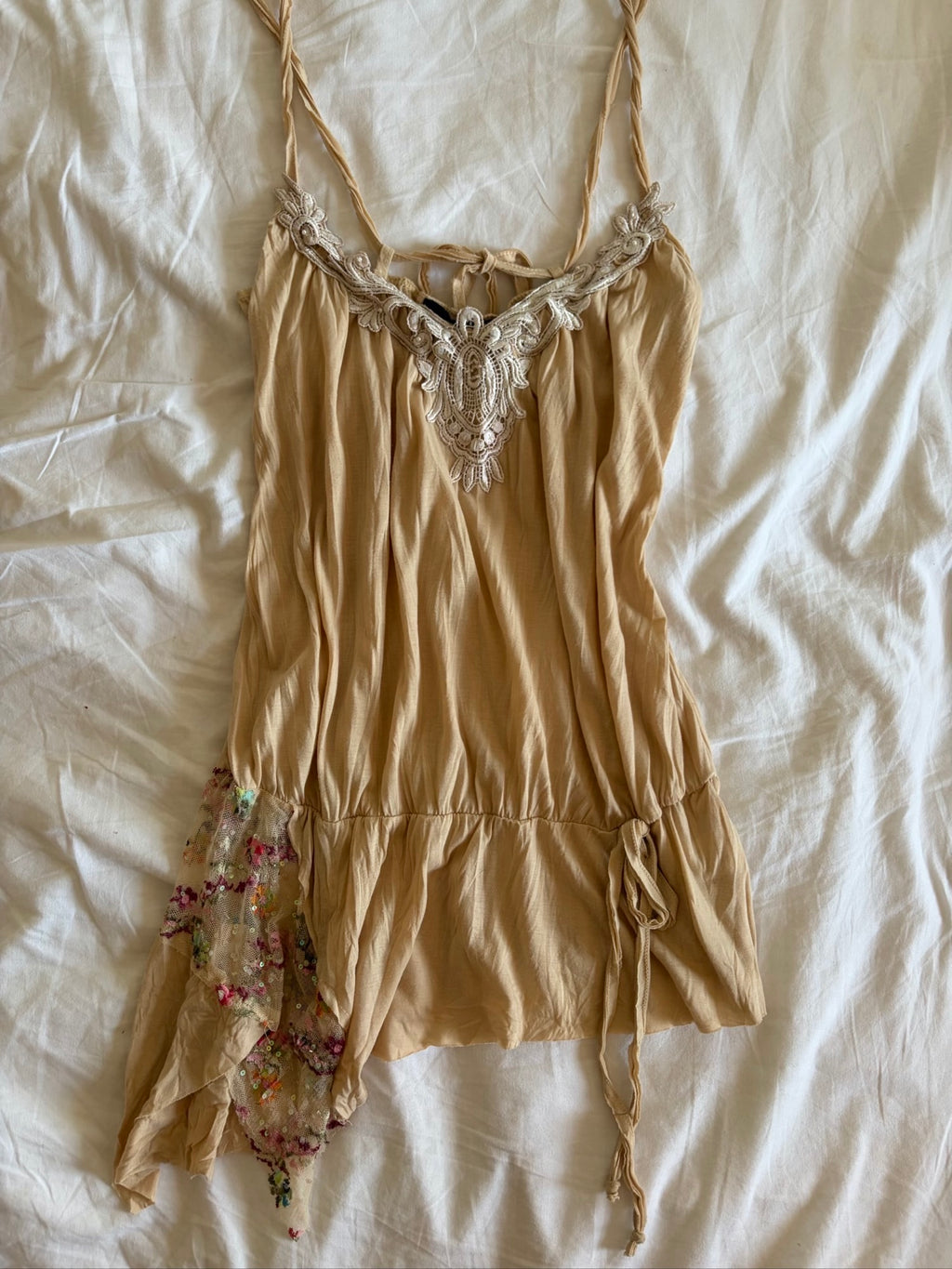 Vintage Y2K River Island asymmetrical hem fairy cami with contrast lace and sequins