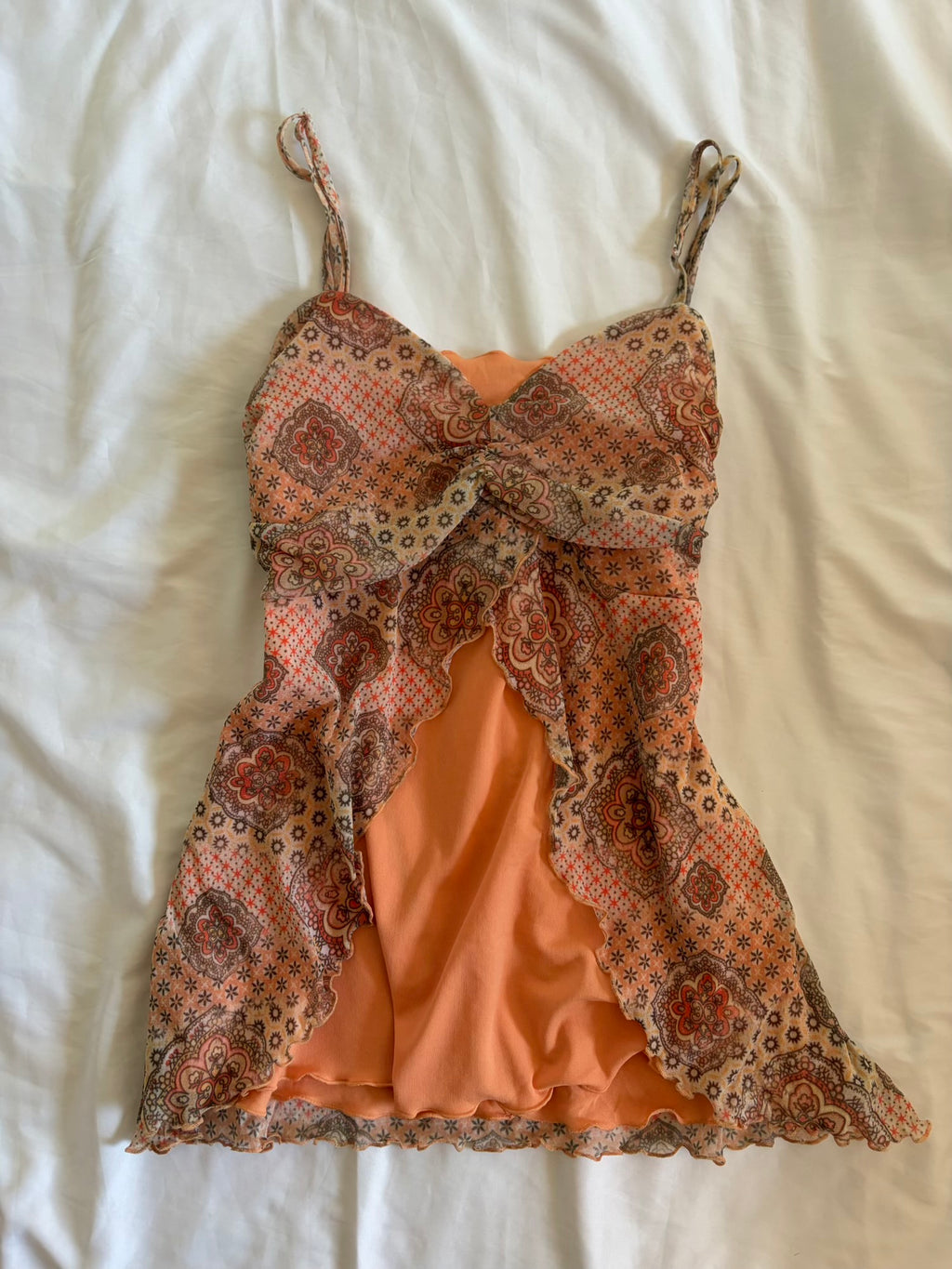 Vintage Y2K Orange Micromesh Paisley Boho Ruched Bust Cami