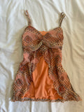 Vintage Y2K Orange Micromesh Paisley Boho Ruched Bust Cami