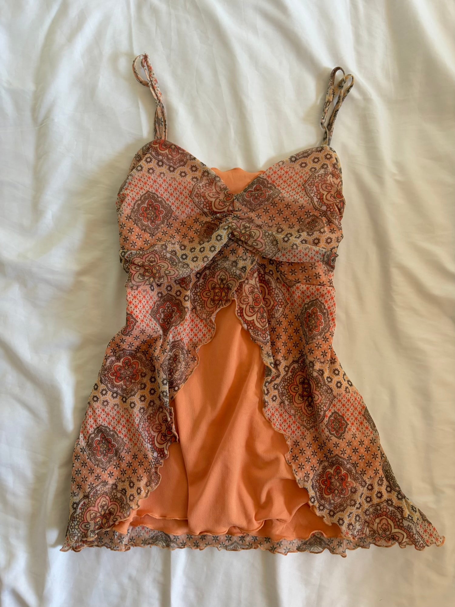 Vintage Y2K Orange Micromesh Paisley Boho Ruched Bust Cami