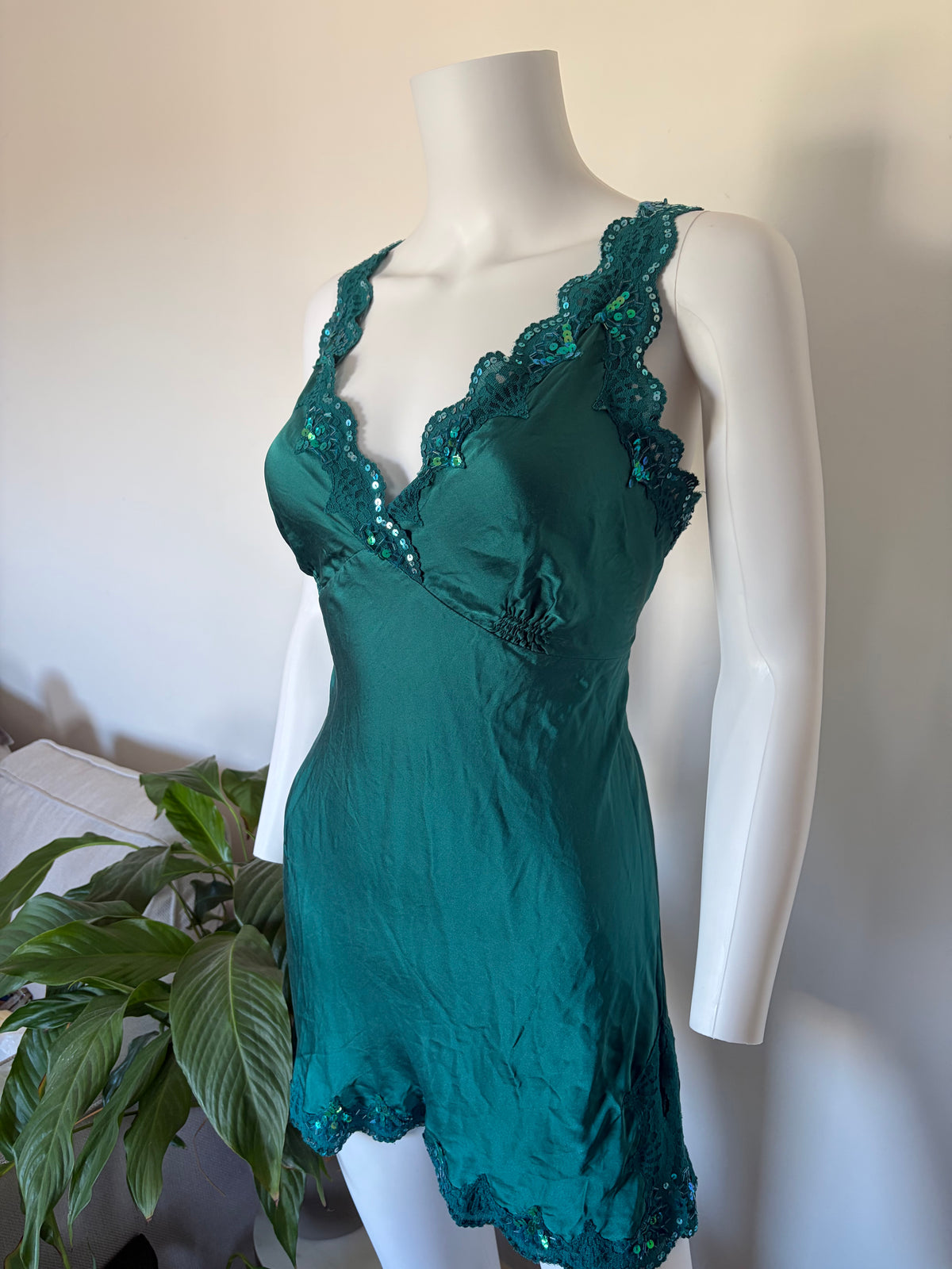 Vintage 1990s Oasis Silk Teal Beaded Mini Slip Dress