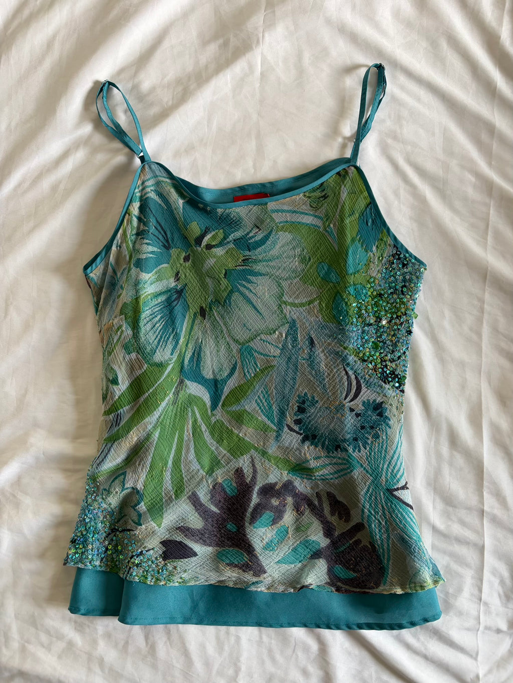 Vintage Y2K Green and Teal Floral Cami with Sequins and Beaded Detail