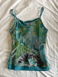 Vintage Y2K Green and Teal Floral Cami with Sequins and Beaded Detail