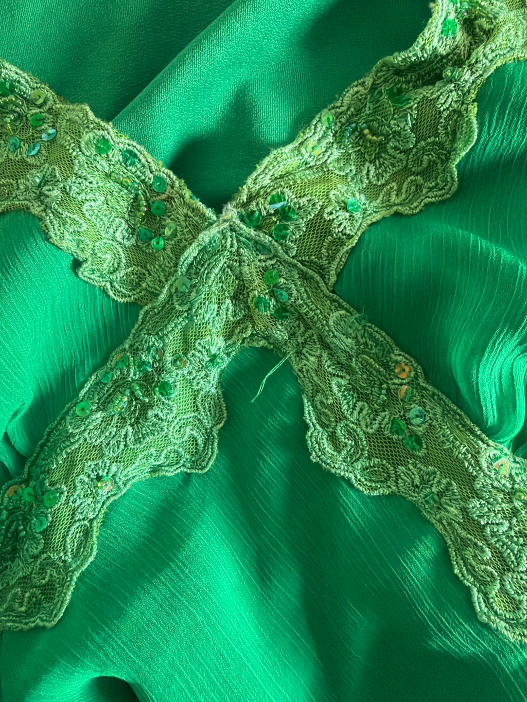 Vintage 1990s Green Handkerchief Hem Dress with Lace and Sequins