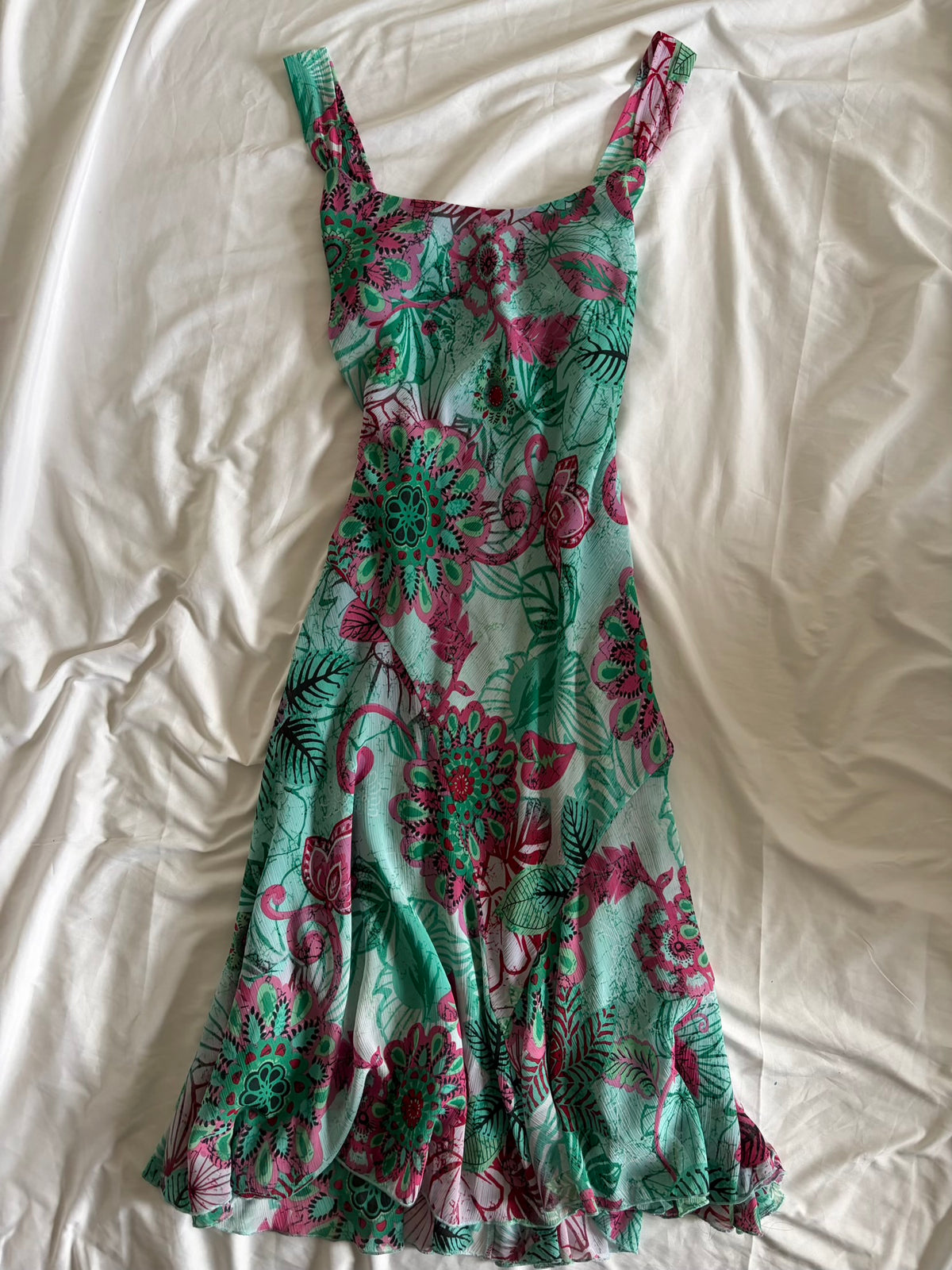 Vintage Y2K Green and Pink Floral Floaty Midi Dress