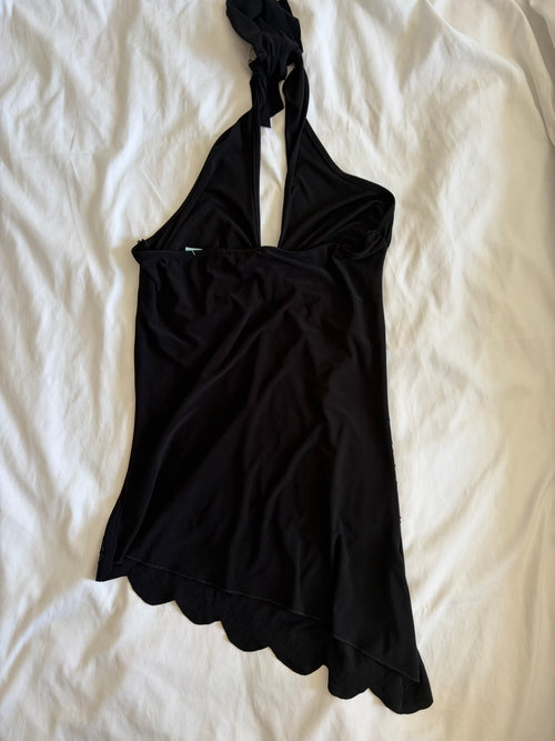 Vintage 1990s black halterneck asymmetrical hem cami with butterfly graphic, beads and sequins