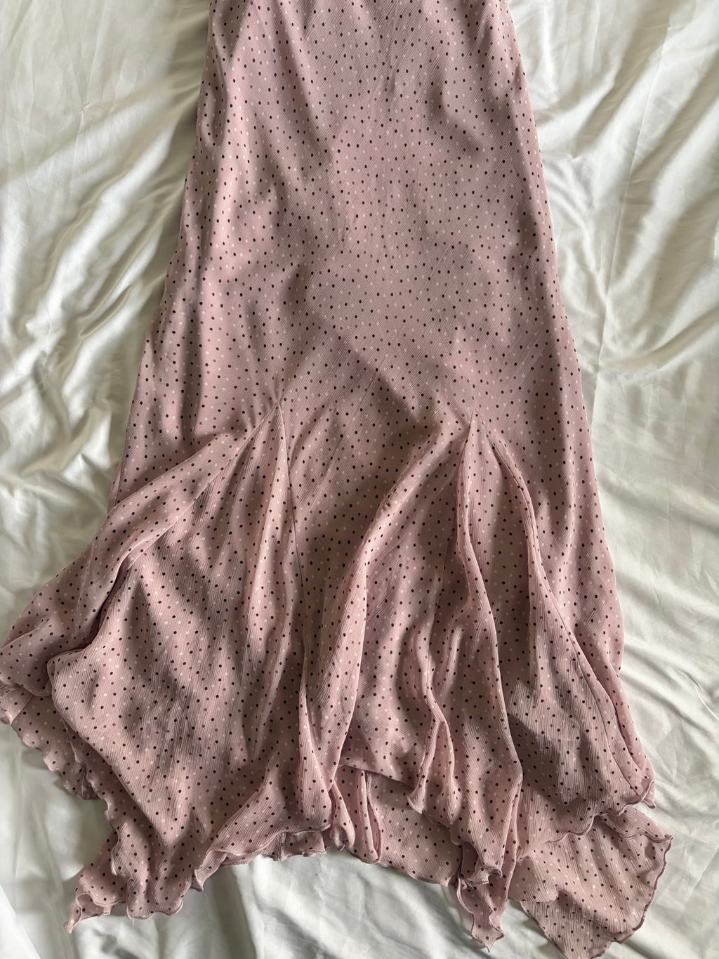 Vintage 1990s Lavender Ruched Bust Polka Dot Maxi Dress with Mermaid Hem