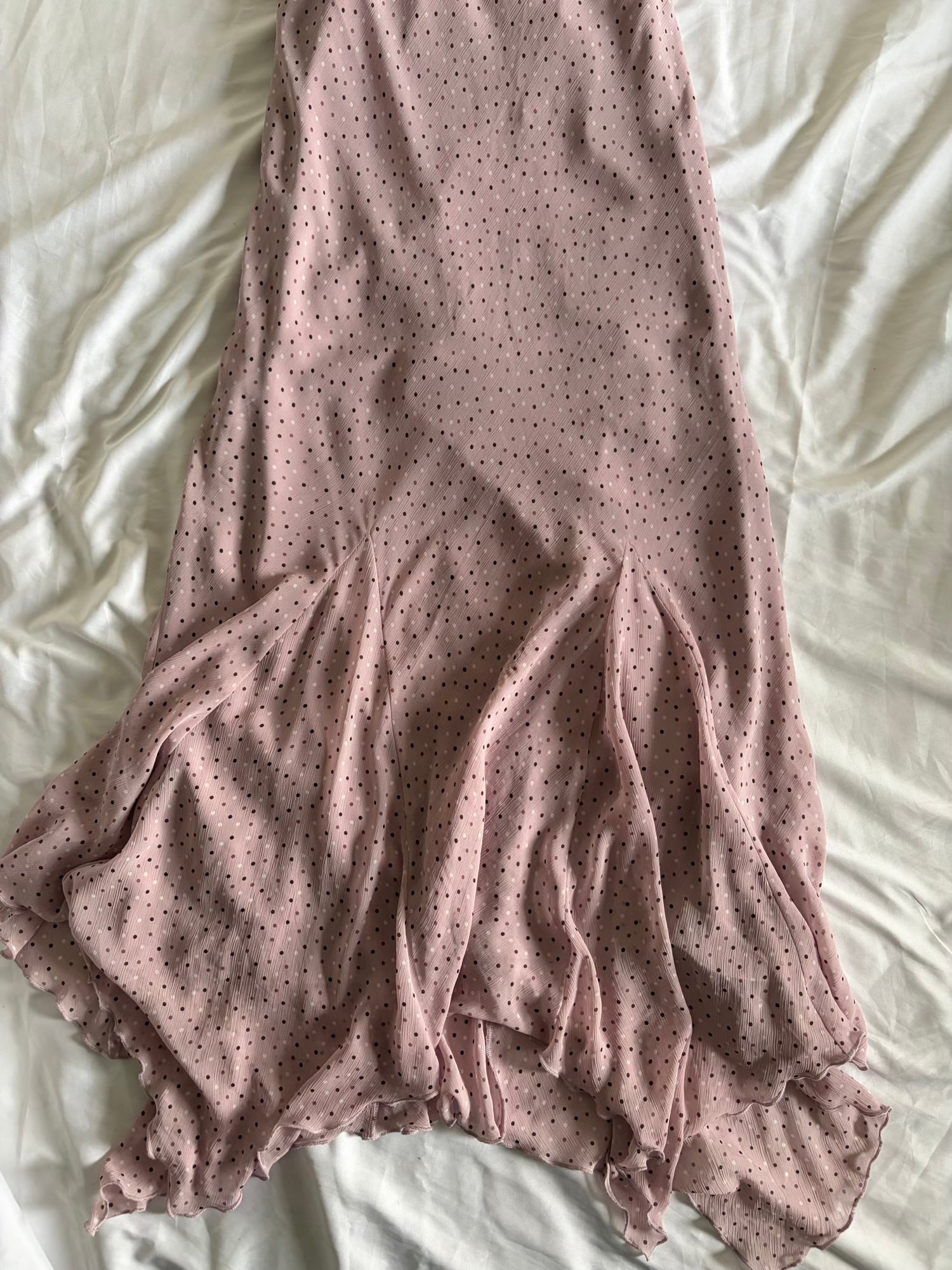 Vintage 1990s Lavender Ruched Bust Polka Dot Maxi Dress with Mermaid Hem