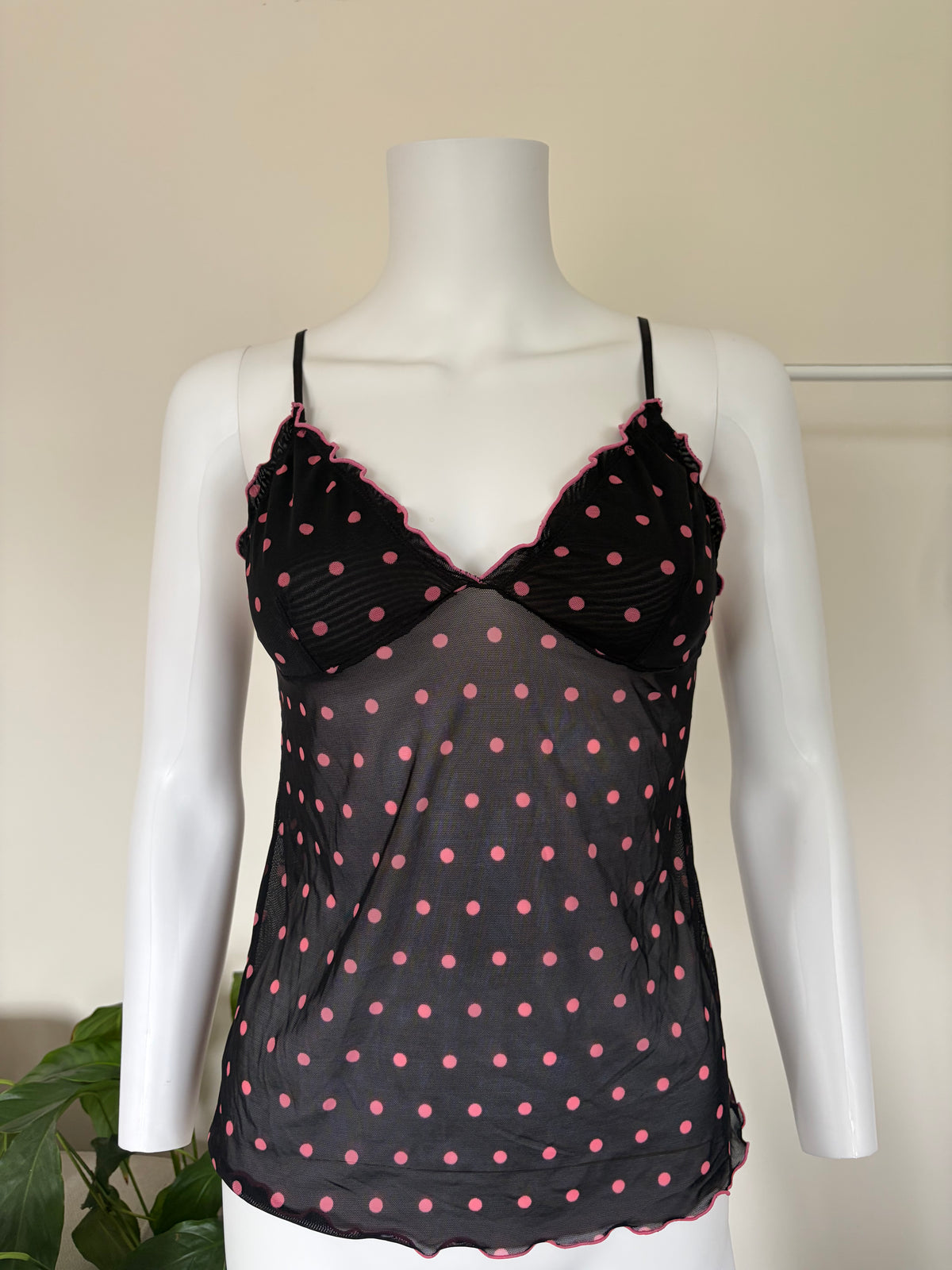 Vintage 2000s Black Mesh Cami with Hot Pink Polka Dots
