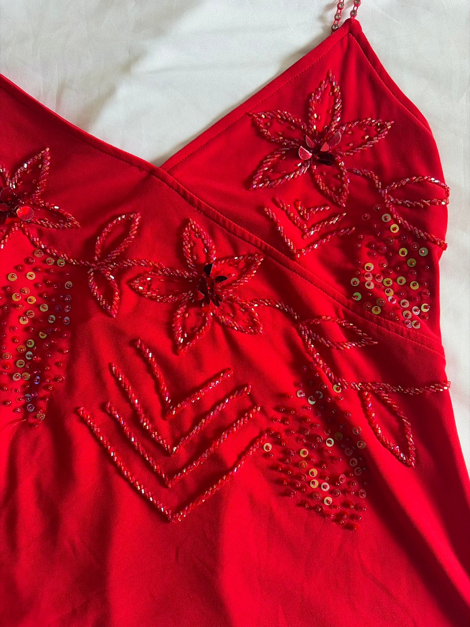 Vintage Y2K Red Cami with Beaded Sequins and Diamante Straps