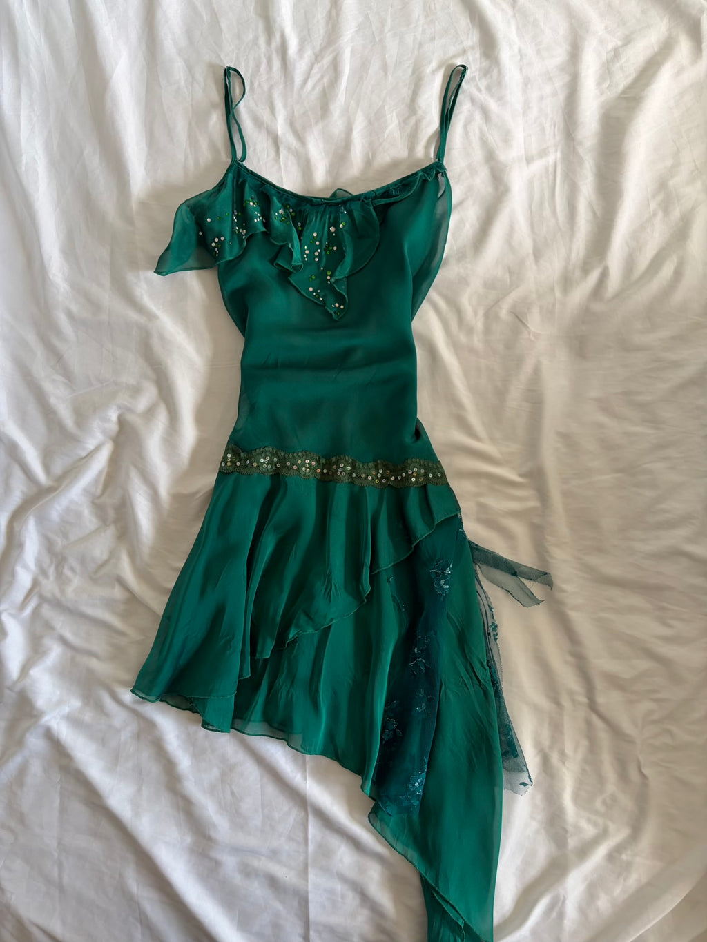 Vintage Y2K Teal Fairy Sheer Mini Asymmetrical Hem Dress with Lace and Sequins