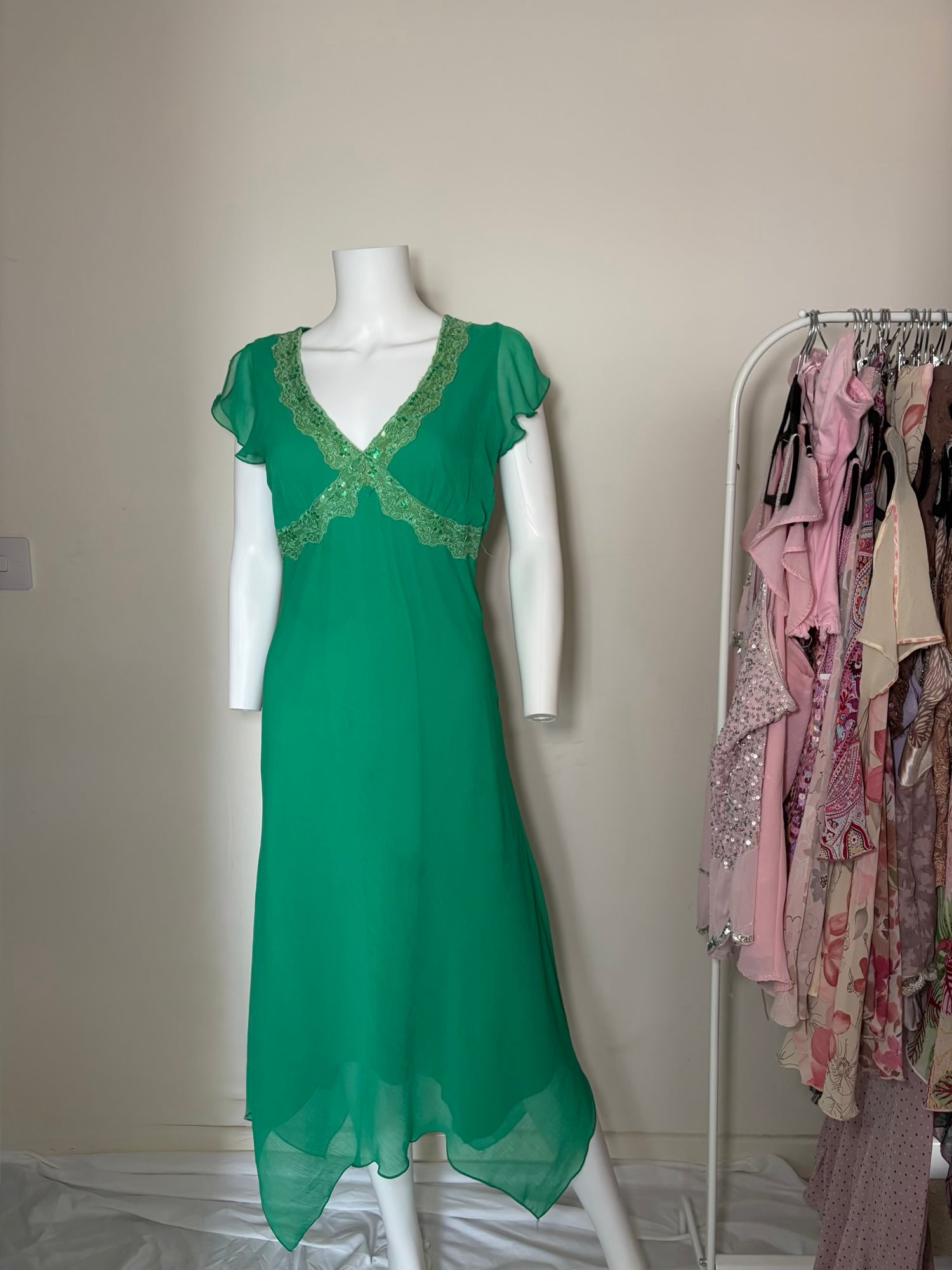 Vintage 1990s Green Handkerchief Hem Dress with Lace and Sequins