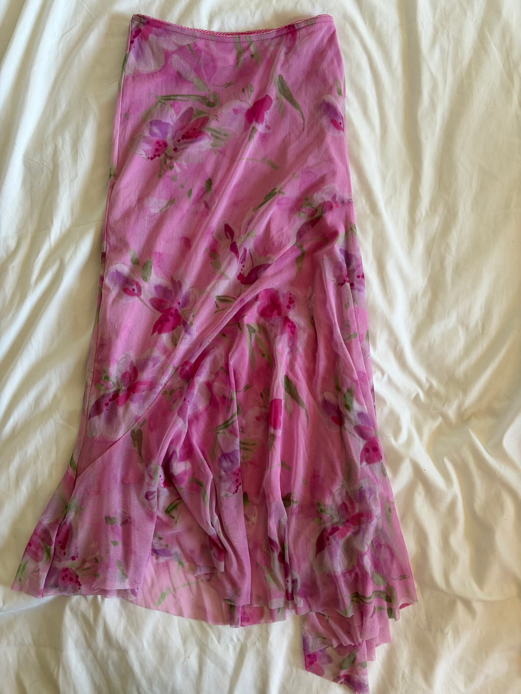Vintage 1990s pink asymmetrical hem micromesh midi skirt