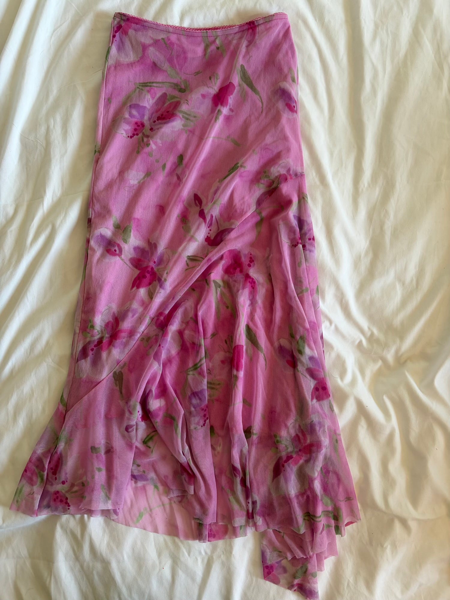 Vintage 1990s pink asymmetrical hem micromesh midi skirt