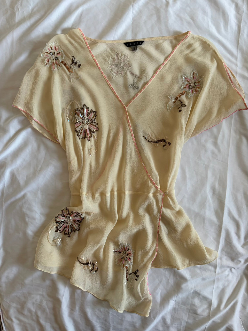 Vintage Y2K Cream Silk Asymmetrical Hem Wrap Blouse with Sequins and Beads