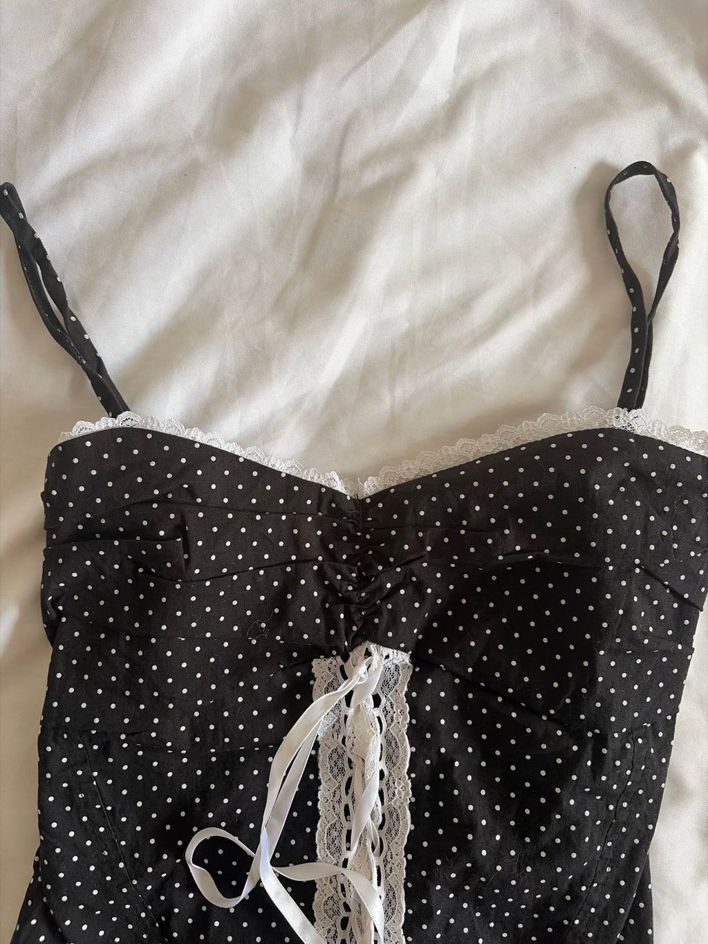 Vintage 1990s Black Polka Dot Cotton Cami with White Lace Up Detail