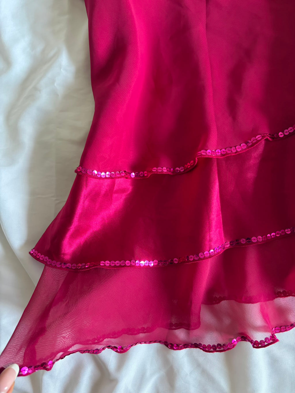 Vintage Y2K hot pink asymmetrical hem ruffle cami with sequin detail