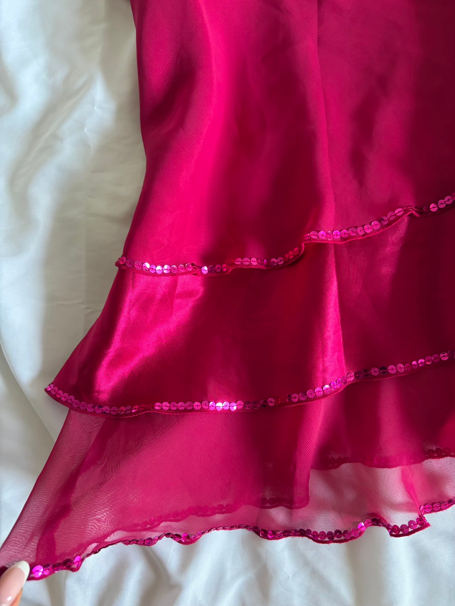 Vintage Y2K hot pink asymmetrical hem ruffle cami with sequin detail
