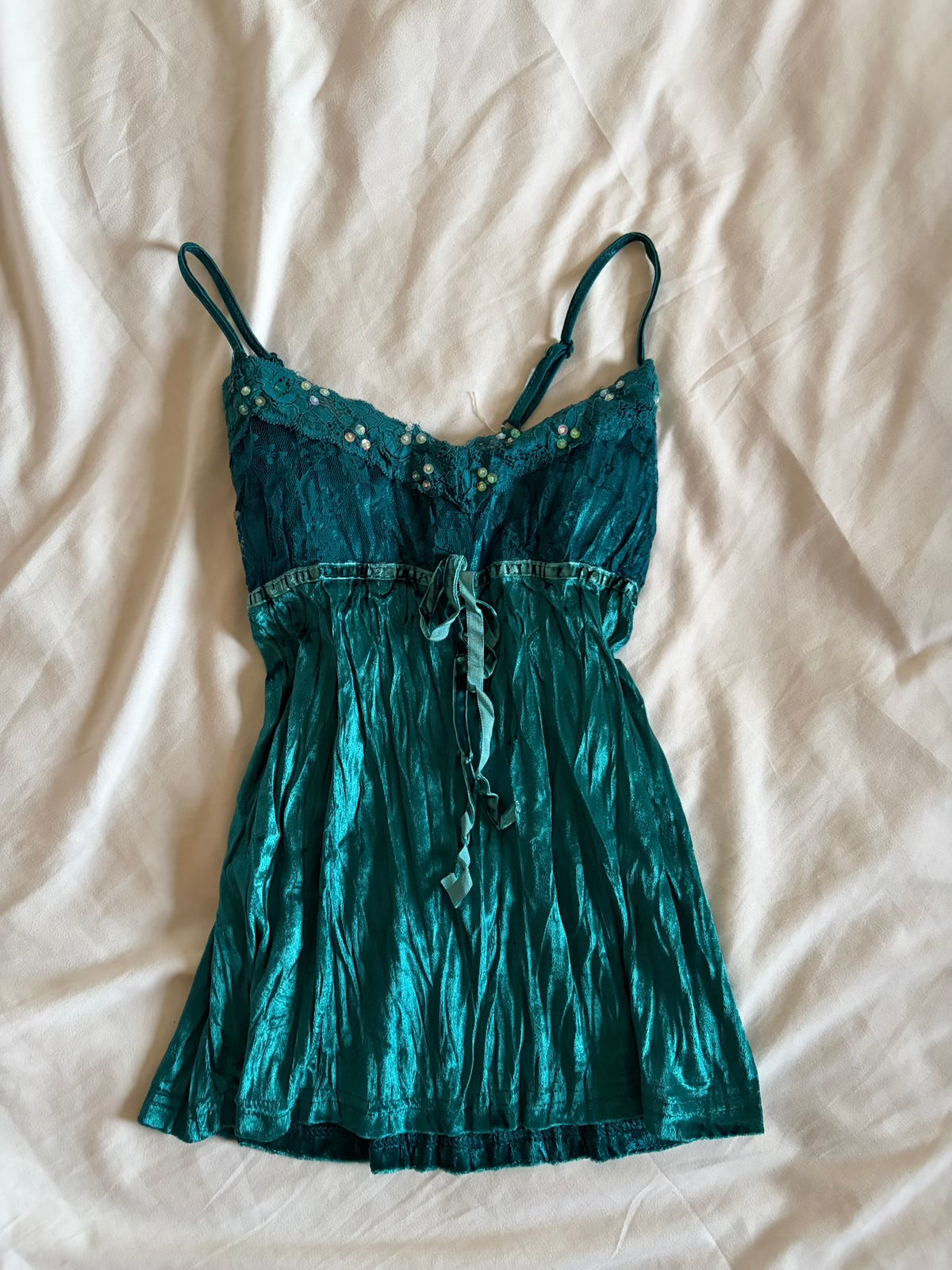 Vintage 2000s Teal Velvet Cami with Sequins, Beads and Ribbon Detail