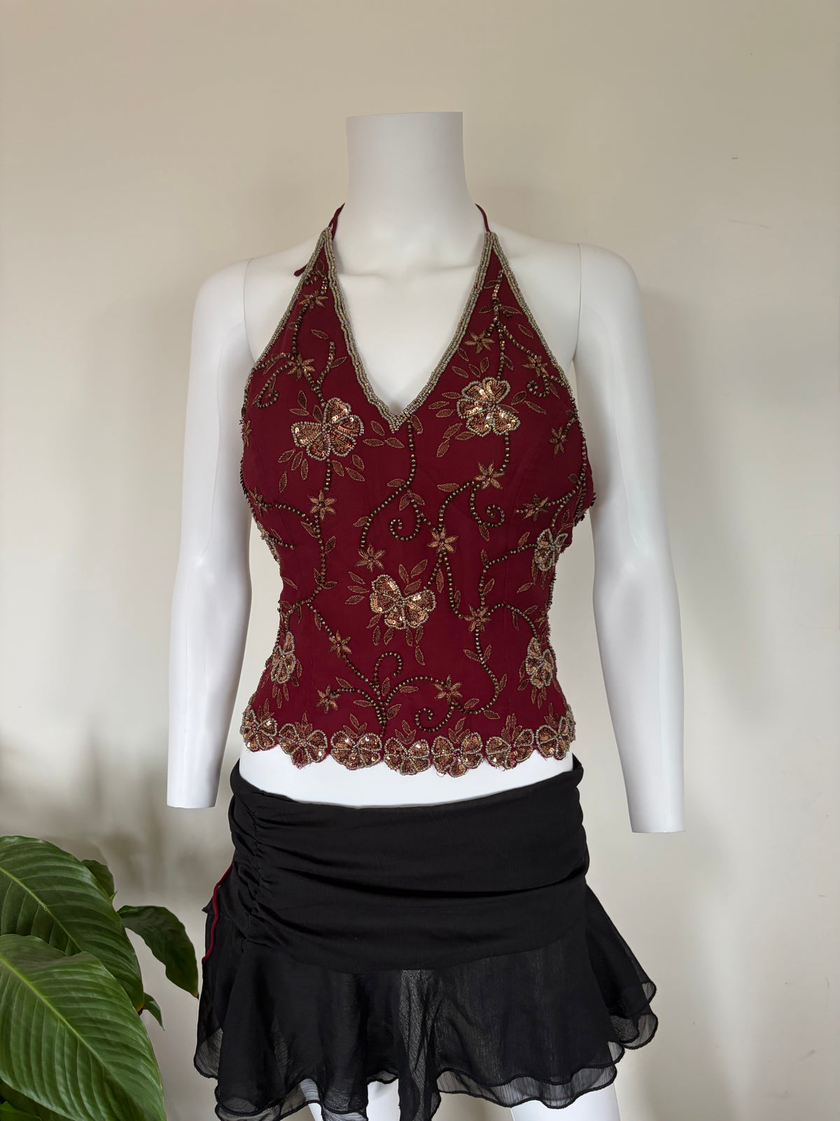 Vintage 2000s Banke B Silk Burgundy Bronze Sequin and Beaded Corset Halter, UK 8–10