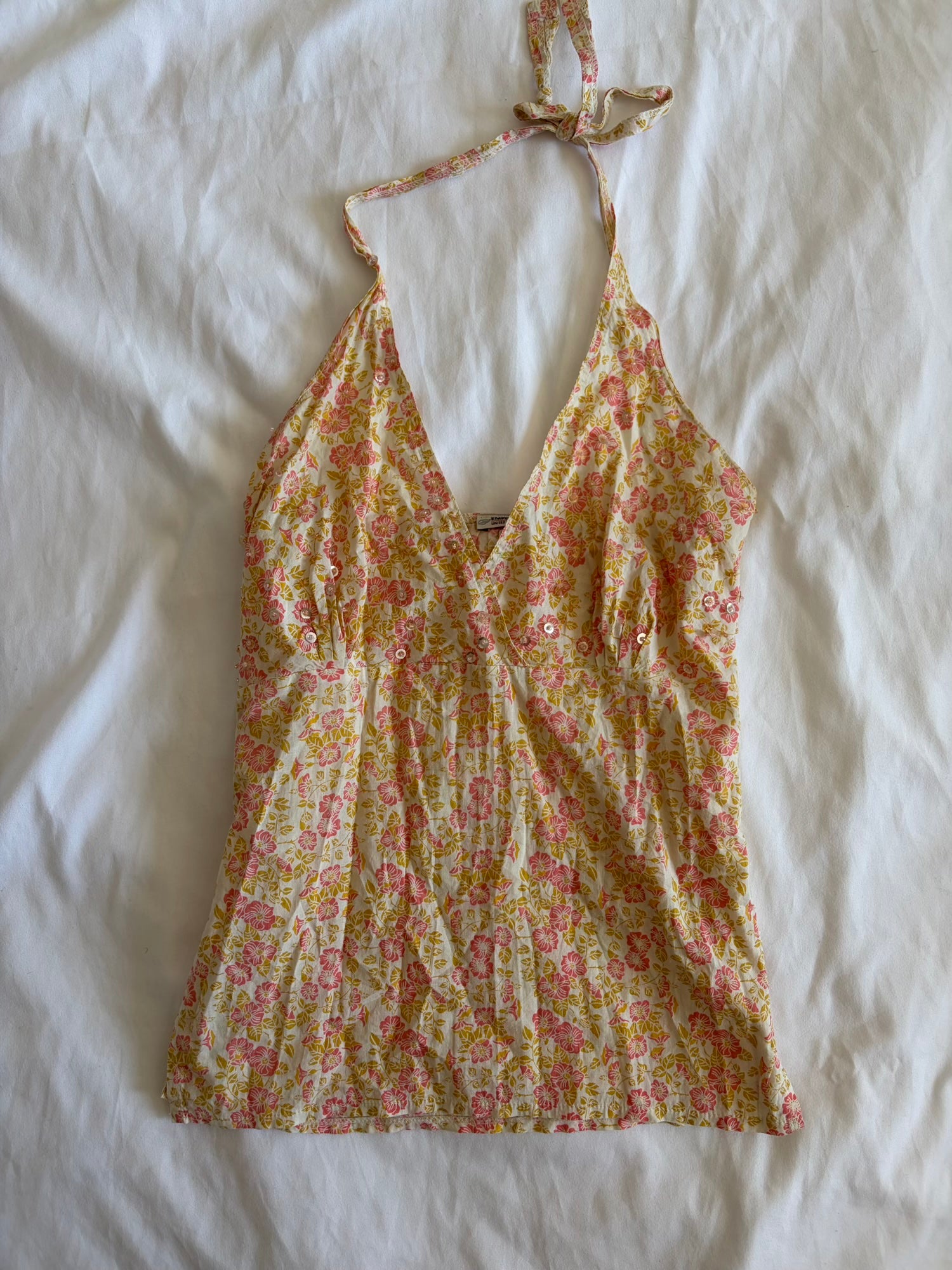 Vintage Y2K floral cotton halterneck with sequin and beads on the bust and split sides