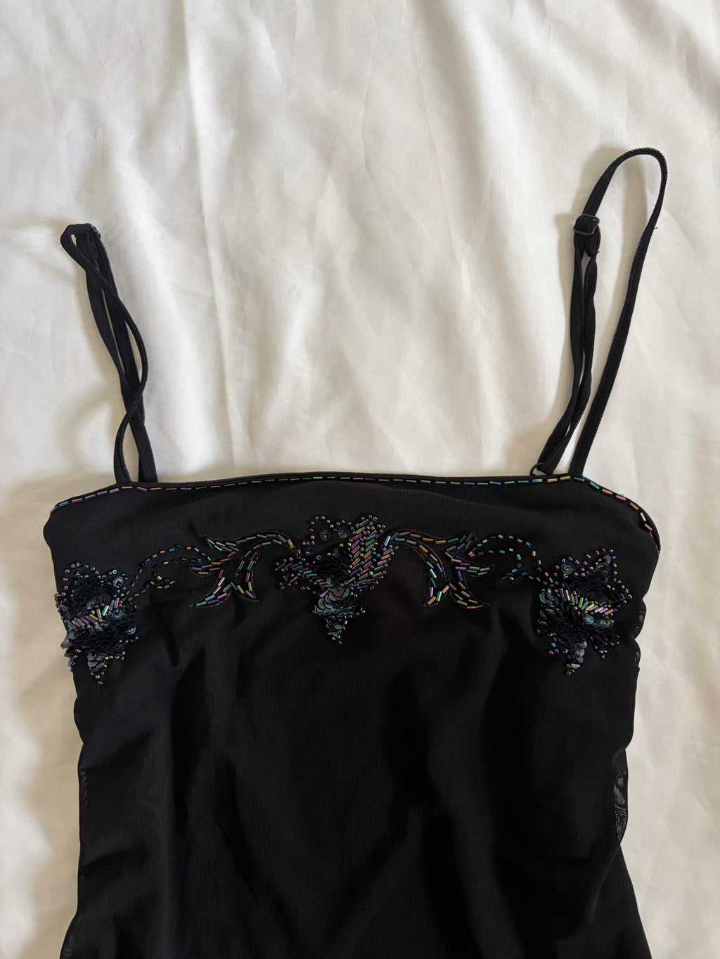 Vintage 1990s Black Mesh Cami with Beaded Detail