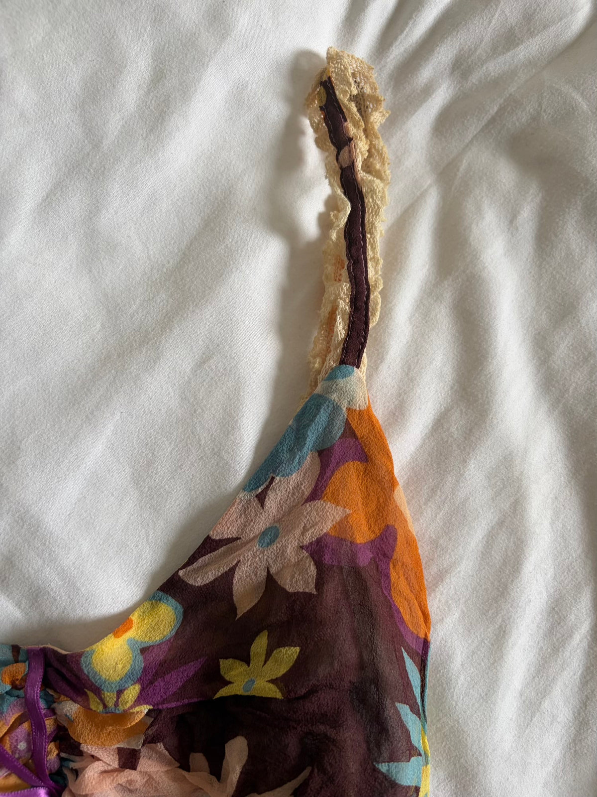 Vintage 1990s Italian Silk Floral Cami with Crochet Detail