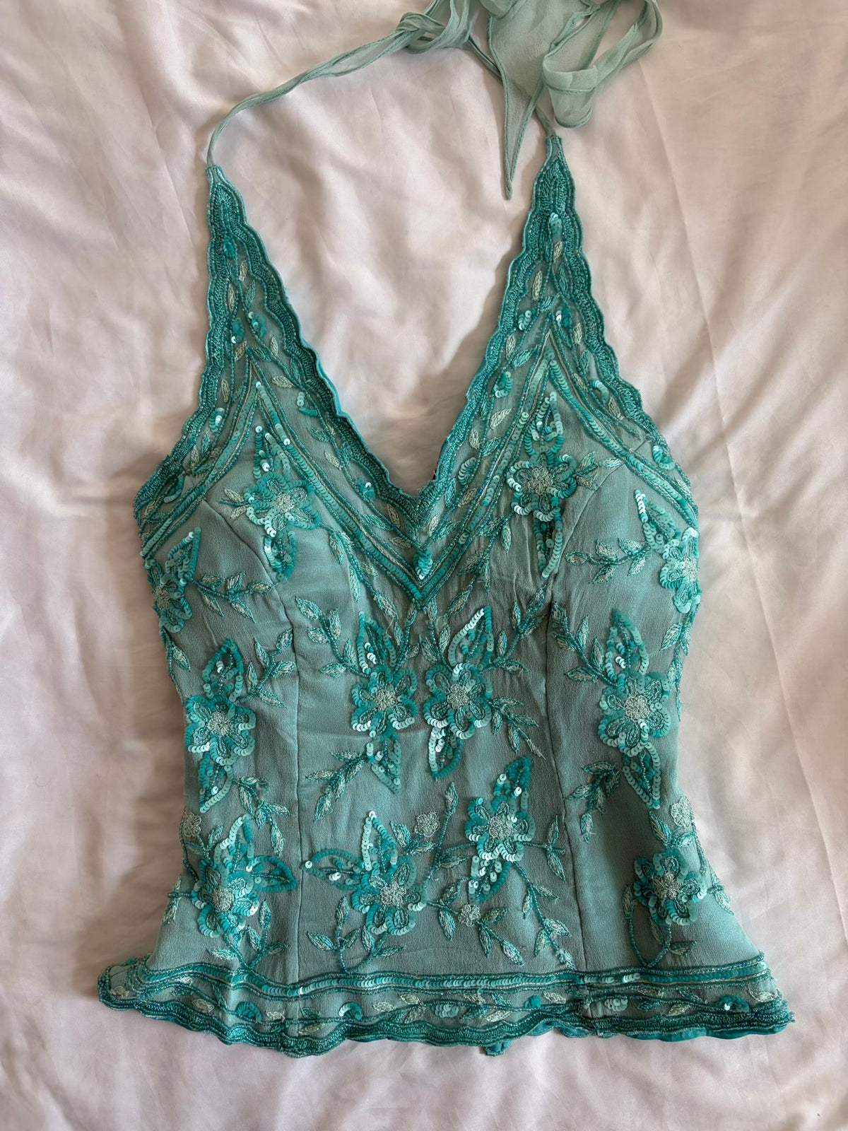 Vintage 2000s Aftershock Silk Aqua Blue Beaded Corset-Style Halter