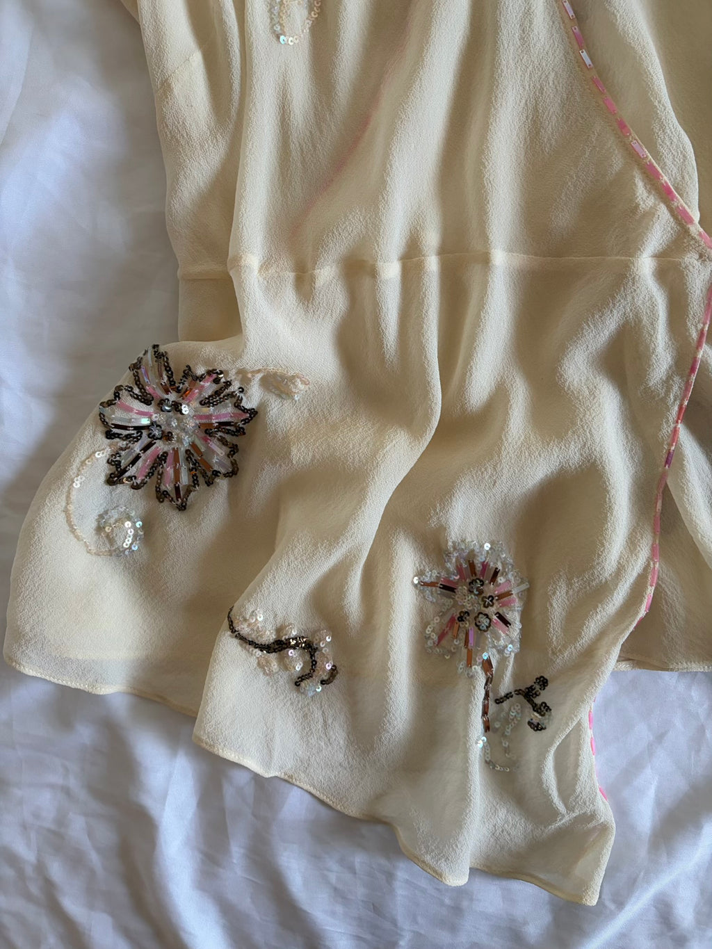 Vintage Y2K Cream Silk Asymmetrical Hem Wrap Blouse with Sequins and Beads