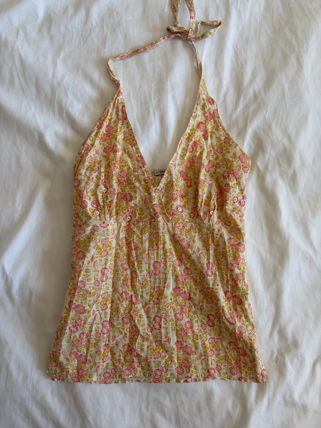 Vintage Y2K floral cotton halterneck with sequin and beads on the bust and split sides