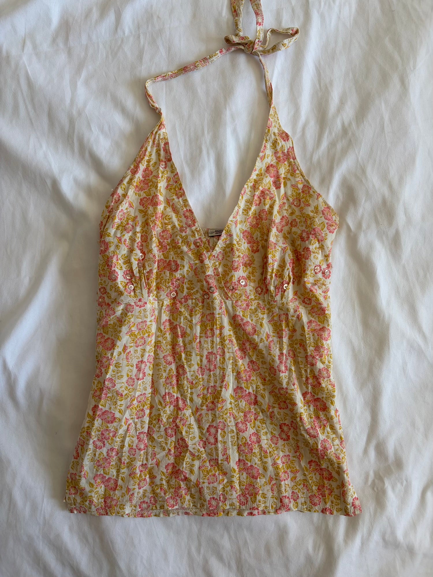 Vintage Y2K floral cotton halterneck with sequin and beads on the bust and split sides