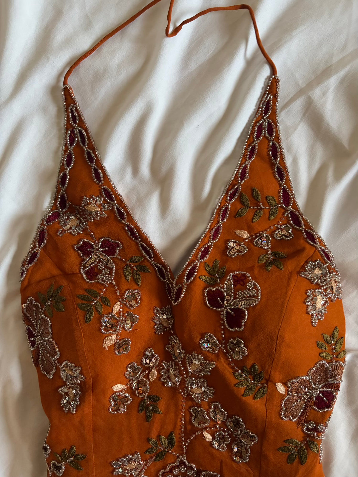 Vintage 2000s Silk Burnt Orange Sequin and Beaded Corset Halter – Size 10–12