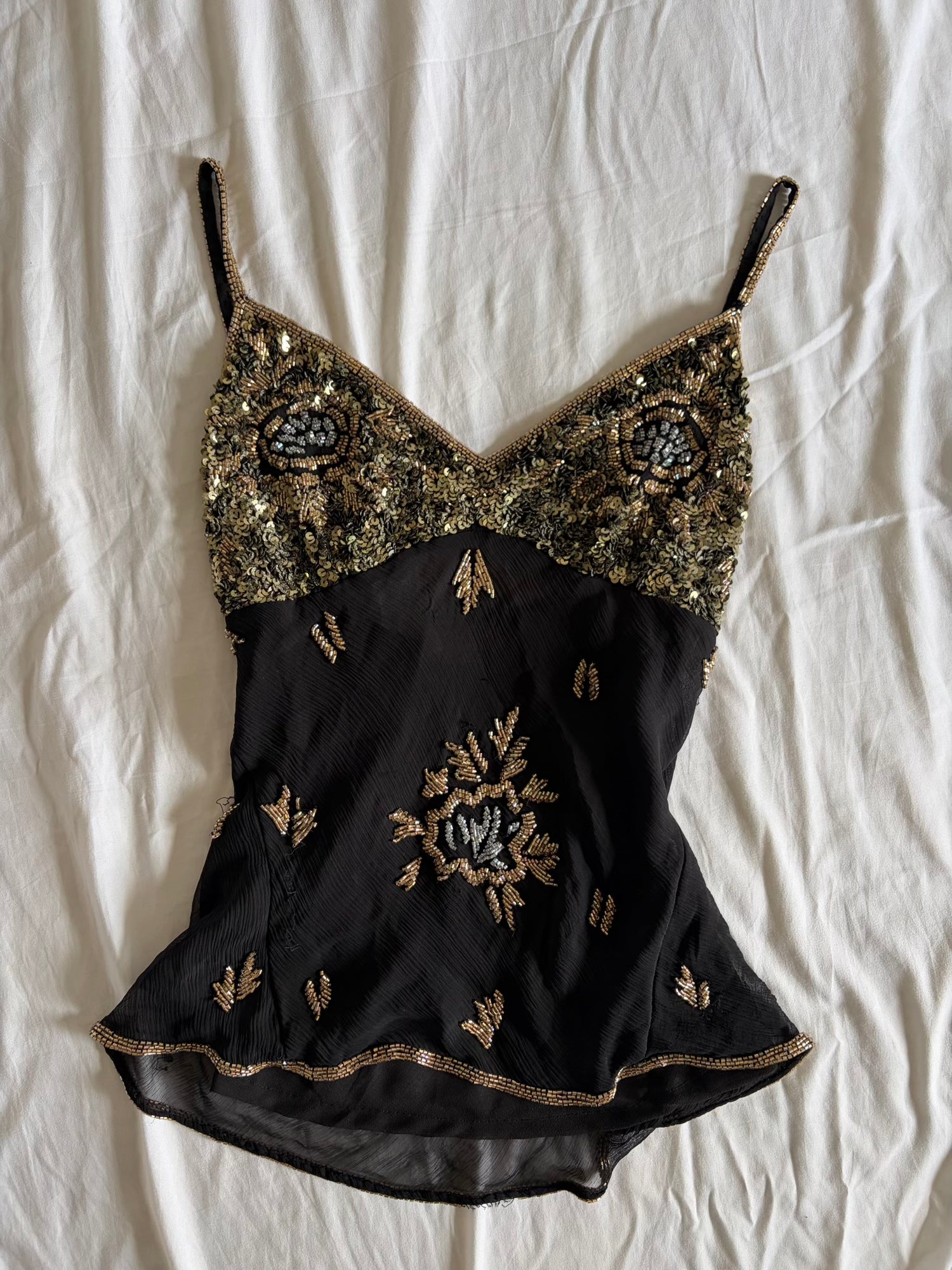 Vintage Y2K Aftershock Silk Black Cami with Gold and Silver Beads and Sequins