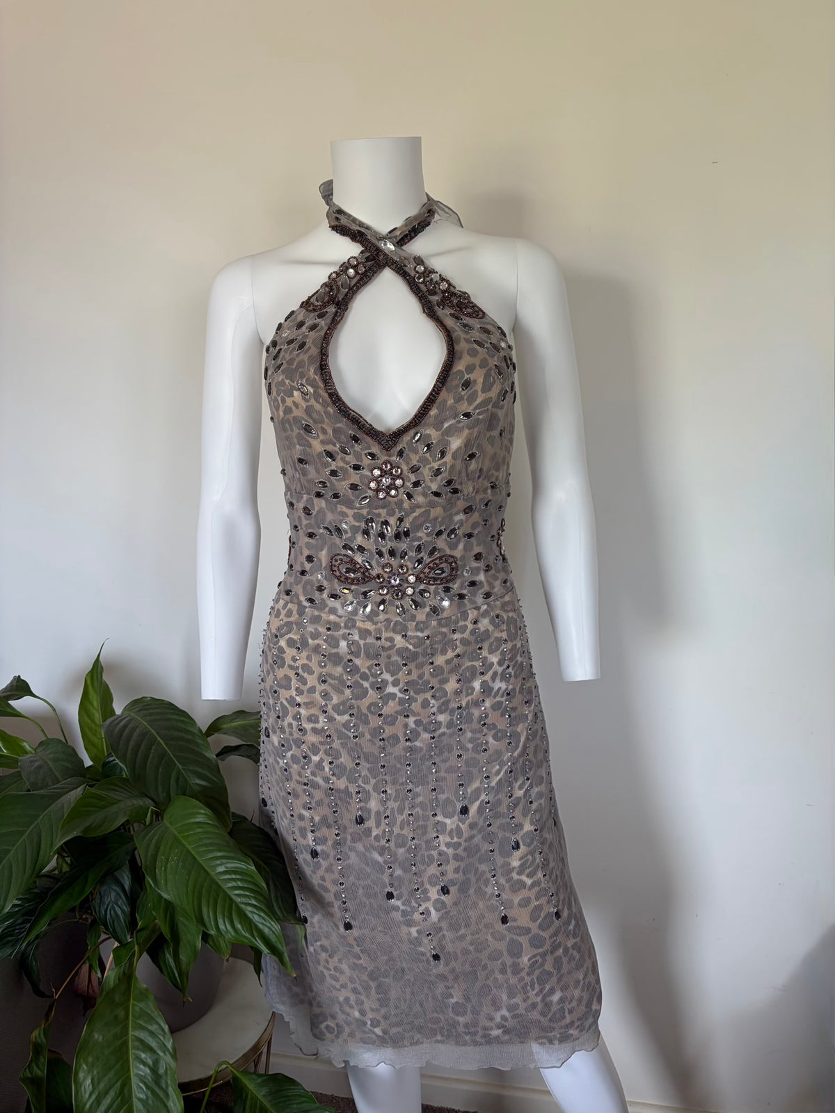 Vintage Aftershock Silk Leopard Bejewelled Halterneck Dress