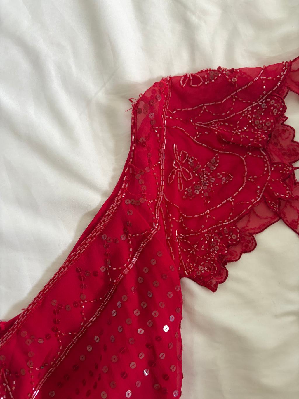 Vintage Y2K Silk Red Sequin and Beaded Cap Sleeve Top