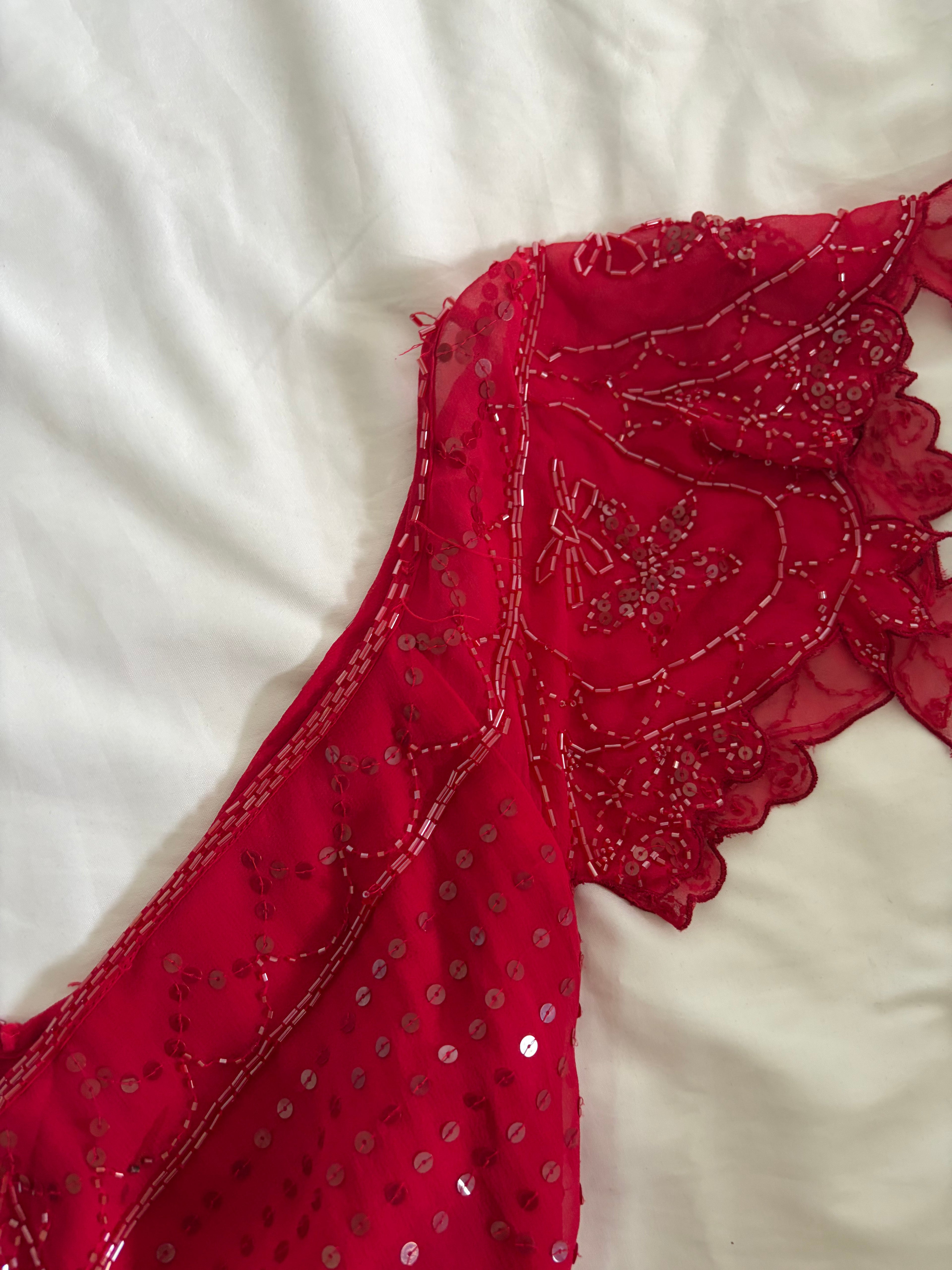 Vintage Y2K Silk Red Sequin and Beaded Cap Sleeve Top