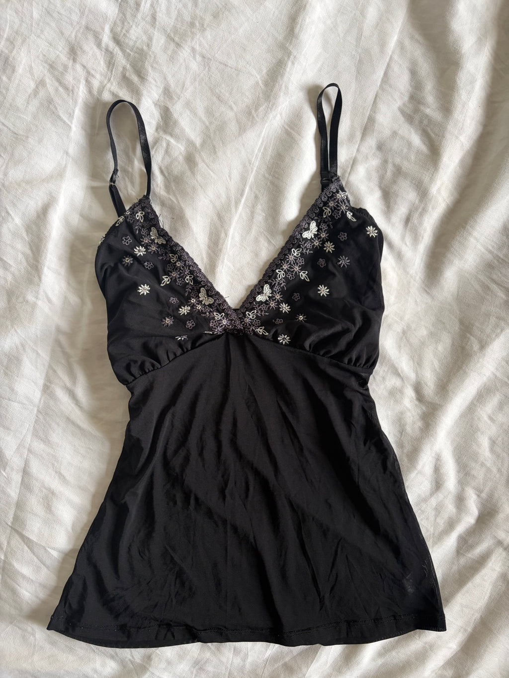 Vintage 1990s Black Mesh Cami with Butterfly-Embroidered Cups and Sequins